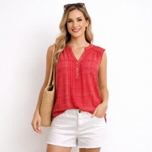 Sleeveless Sheer Blouse Top XL‎ Red Pink Casual  Boho Vacation Beachy Geometric